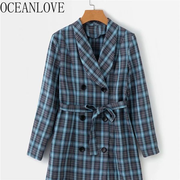 

women's suits & blazers oceanlove work fashion plaid long double breasted office lady outwear blazer feminino autumn 2021 vintage 12787, White;black