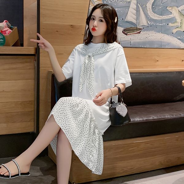 

8062# maternity dress summer cotton patchwork short sleeve loose stylish dress for pregnant women mom, White