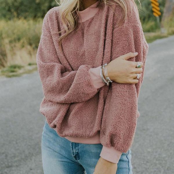 

women baggy plush fluffy warm fleece sweatshirts winter long sleeve o neck pullovers casual solid sweatshirt, Black