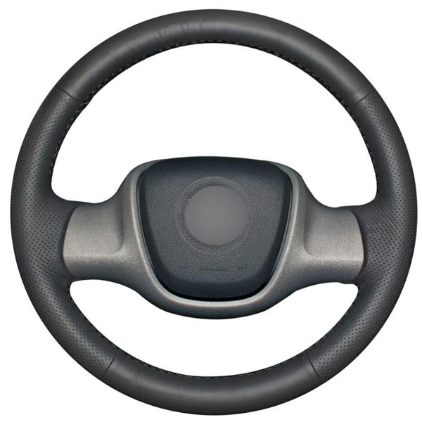 

hand sew black genuine leather car steering wheel cover for smart fortwo