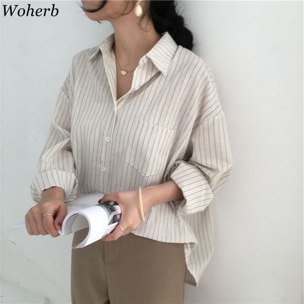 

woherb hong kong 2020 spring women long sleeve shirts vintage simple stripe loose female blouses streetwear ladies 92005, White