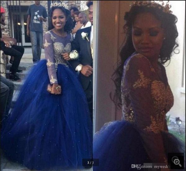 

robe de soiree gold lace appliques ball gown african prom dresses long sleeves navy blue beading sequined prom gowns selling, Black