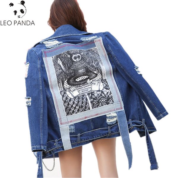 

2019 spring autumn vintage funny print jean jacket women ripped hole long sleeve bomber jackets casual denim jacket, Black;brown