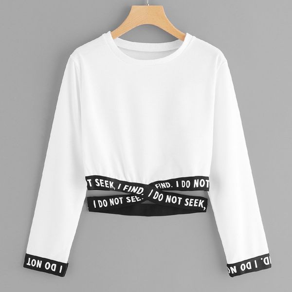 

2019 women long sleeve loose short crop letter print hoodies sweatshirts casual outwear autumn pullover street wear, Black