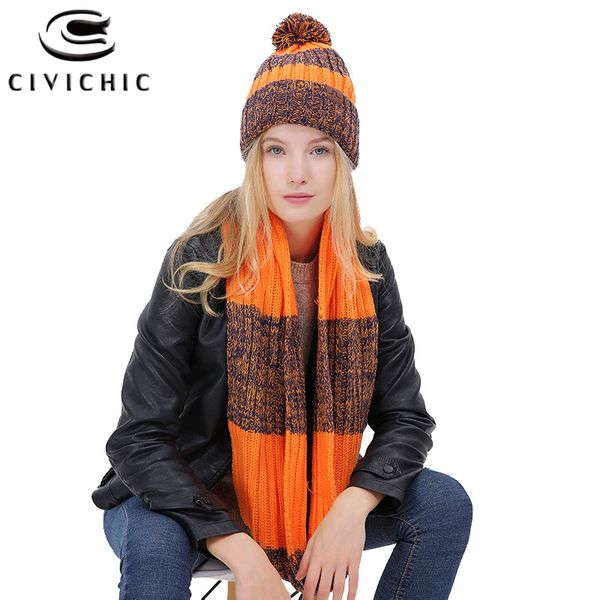 

civichic woman knit hat scarf warm set autumn winter crochet headwear pompon beanies thick shawl fleece cap 2 pcs knitwear sh144, Blue;gray
