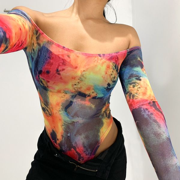 

bkld 2019 summer new ladies fashion slim tie dye printed mesh long sleeves bodycon off the shoulders jumpsuit streetwear, Black;white