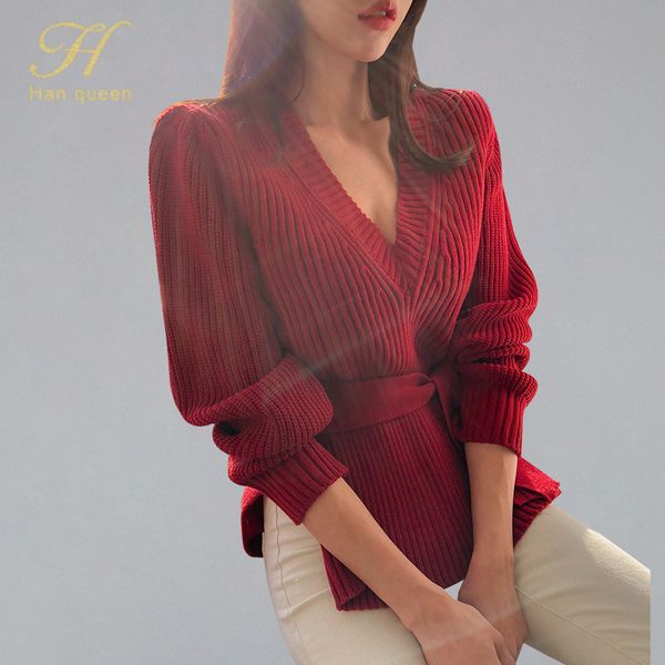 

h han queen autumn 2019 korean v-neck pullovers sweaters elegant lace-up sweater fashion split bottoming knitted pullover, White;black