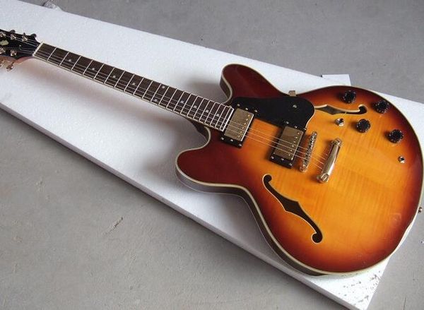 

Фабрика Дешевые Пользовательские Sunburst Maple Flame ТОП Полу Полый Корпус Двойной F-отверстия Джаз Электрогитара Хорошее Качество Гитары