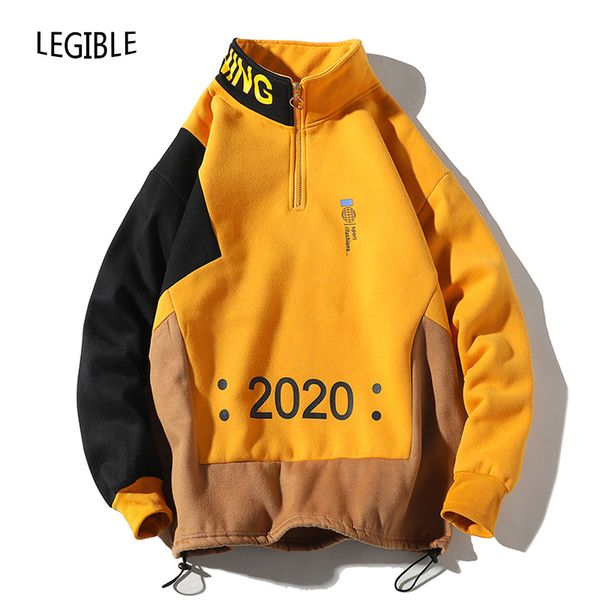 

men sweatshirt new hip hop color block patchwork fleece sweatshirts mens harajuku pullover casual streetwear, Black