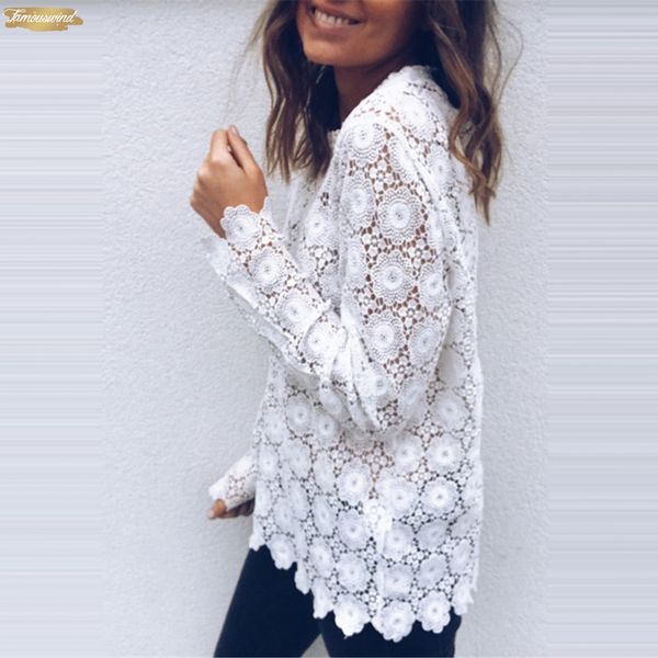 

women blouse long sleeve fashion boho beach holiday ladies summer loose casual chiffon lace floral embroider white femme mesh
