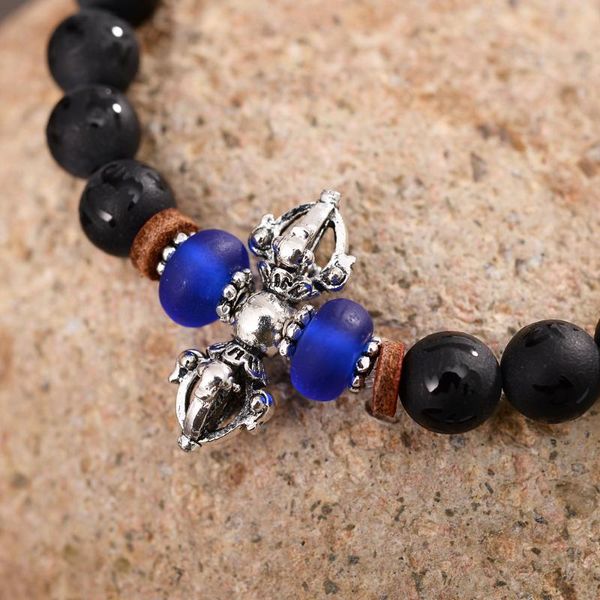 

matte onyx carved six true words mantra vajra amulet bracelets tibetan pestle protective talisman, Black