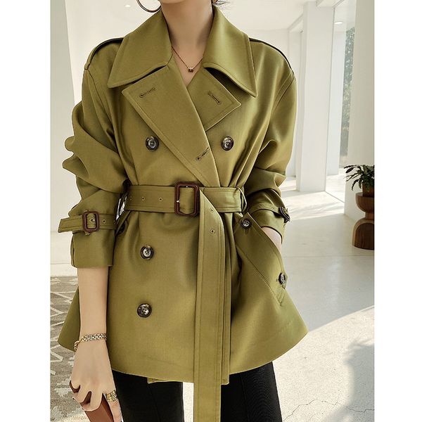 

women's trench coats mature solid color short women coat with belt double-row buttons windbreaker for ladies spring fashion outwear, Tan;black