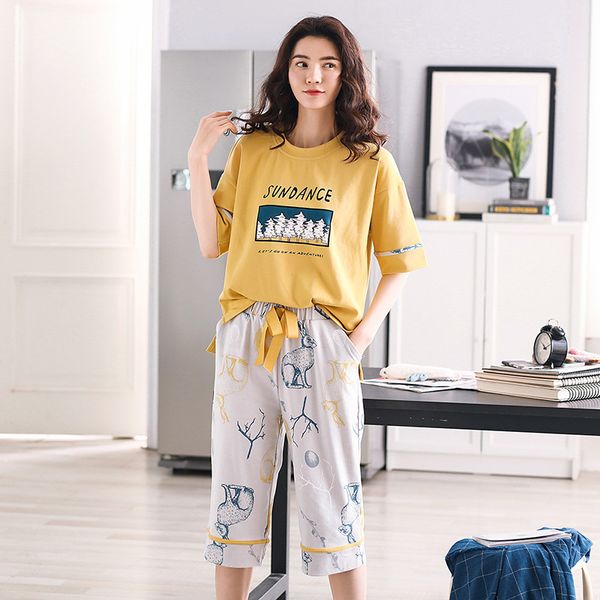 

korean cotton pajamas women cartoon 2019 new pajama set short sleeve elastic waist cropped trousers sleepwear pyjamas s95606, Black;red