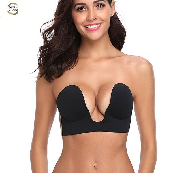 

one piece push up bra invisible wire silicone self sticky bra women wireless strapless invisible seamless backless bralette, Red;black