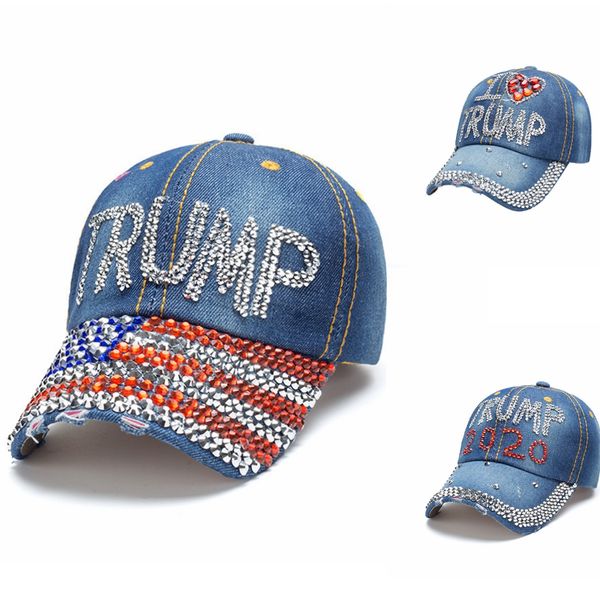 

donald trump 2020 hat denim diamond president caps baseball hats adjustable snapback women men outdoor sports cap gh207