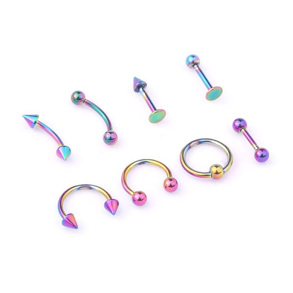 

8pcs/set mix bar ball ring spiking surgical stainless steel ear eyebrow lip nose tongue piercing set jewelry for for women men, Slivery;golden