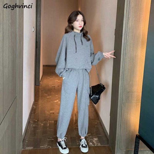 

sets women and pants stand collar casual zipper korean style daily students harem loose two piece set vintage womens leisure, White