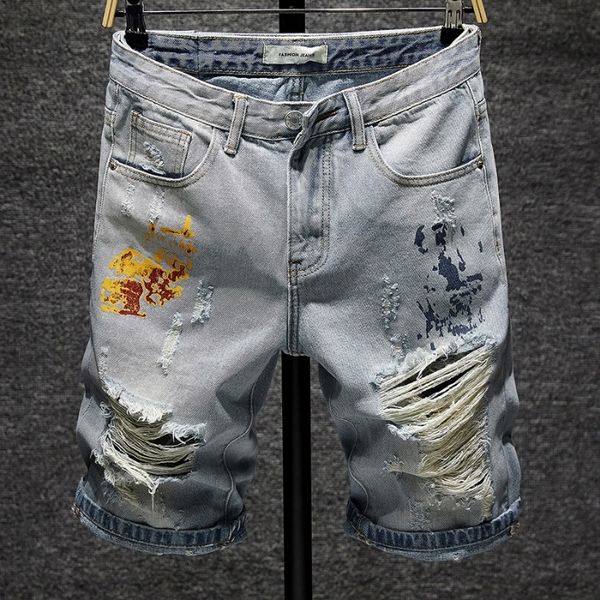 

summer jeans shorts mens demin pants holes pants loose 5-cent korean fashion junior trousers, Blue