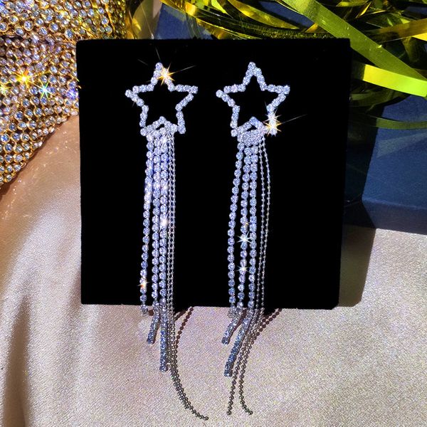 

flatfoosie shiny crystal tassel long earrings for women silver color star full rhinestone drop earrings statement bride jewelry
