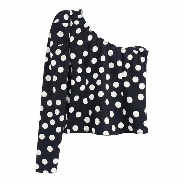 

12 black summer one shoulder long sleeve polka dot blouses shirts for women vintage female blouse shirt clothing, White