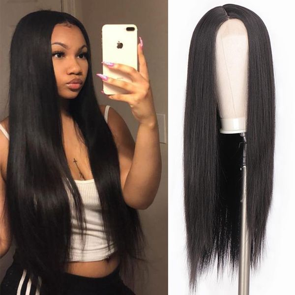 

shangke synthetic long straight wigs for black women natural middle part lace wig natural black heat resistant fiber cosplay wig