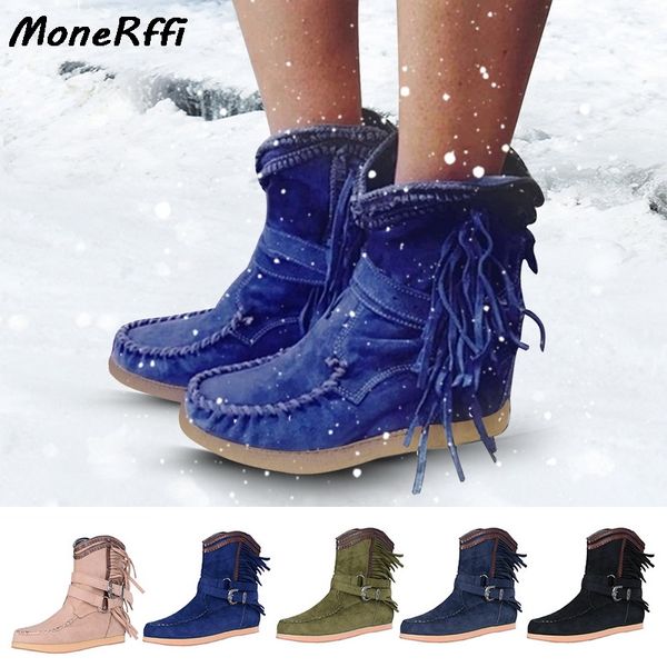 

monerffi retro winter women ankle boots tassel side all season ladies shoes round toe low heel female boots plus 35-43, Black