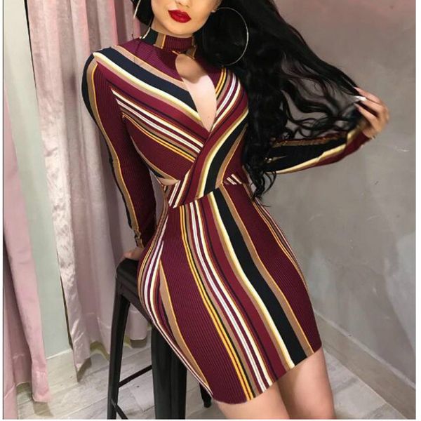 

мода полосы o-образным вырезом с длинным рукавом оболочка мини dresse sexy bodycon бандаж вырезать платье, Black;gray