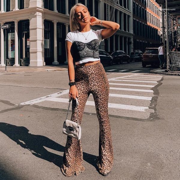 

pants casual elastic waist long pants females clothing womens designer leopard print flare pants fashion printed panelled, Black;white
