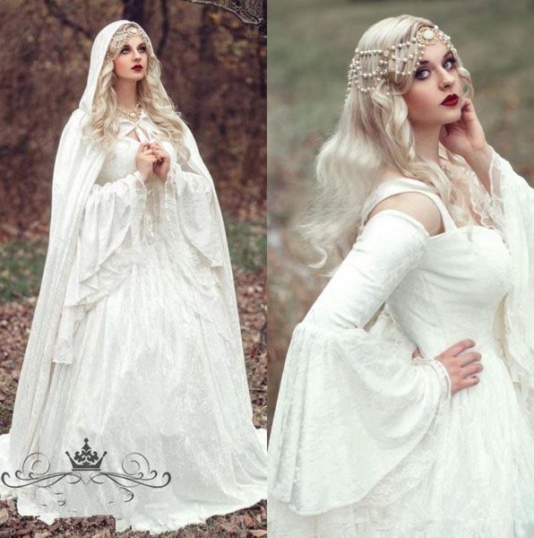 

vintage gothic lace wedding dresses with cloak plus size vintage bell long sleeve celtic medieval princess bridal gown, White