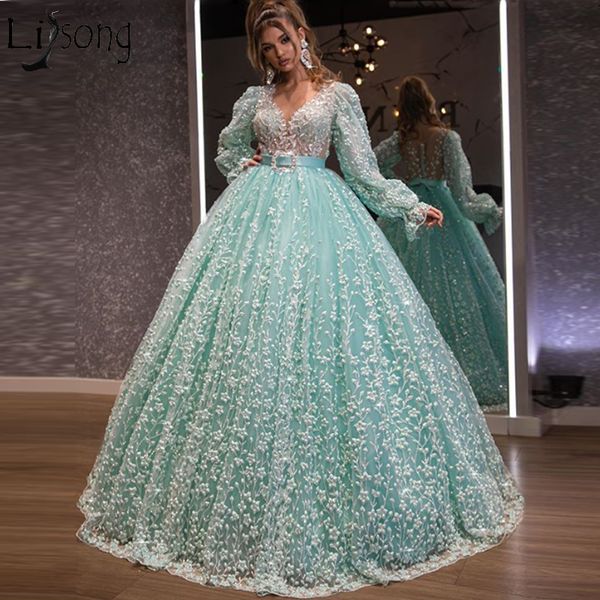 

mint green ball gown prom dresses long sleeevs lace appliqued arabic robe custom made vestidos evening dress formal gowns, White;black