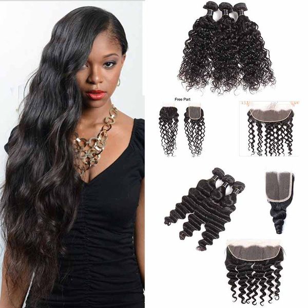 

волна воды бразильские пучки волос с закрытием шнурка 4x4 малайзии свободные глубокие пучки волос девственницы с закрытием фронта шнурка 13x, Black