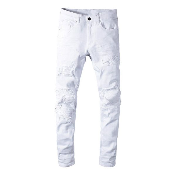 

new italy style mens distressed destroy pants knee ribbed patches pure white denim skinny jeans slim trousers size 28-40 #592, Blue