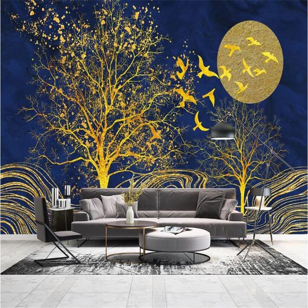 

пользовательские обои фреска 3d золотой абстрактный дерево летящая птица гостиная спальня обои фон фреска