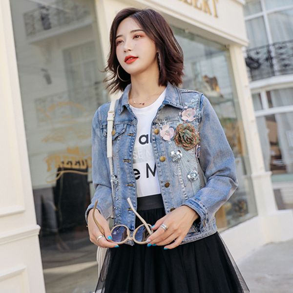 

real swomen's casual three-dimensional flower beaded slim denim jacket 2019 new korean fashion slim short denim jacket, Black;brown
