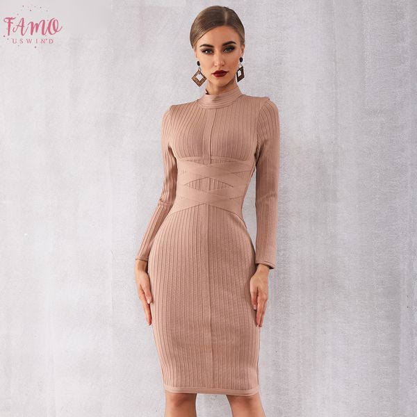 

2019 new spring bodycon bandage dress women nude long sleeve midi club dress vestidos celebrity evening party dresses, Black;gray