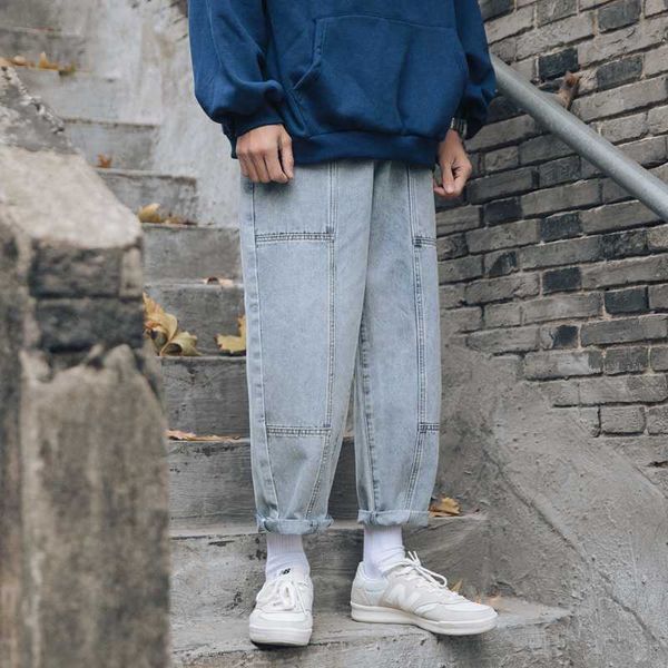 

men's jeans 2020 spring and summer new handsome loose straight straight wide leg cropped pants young personality trend men's, Blue