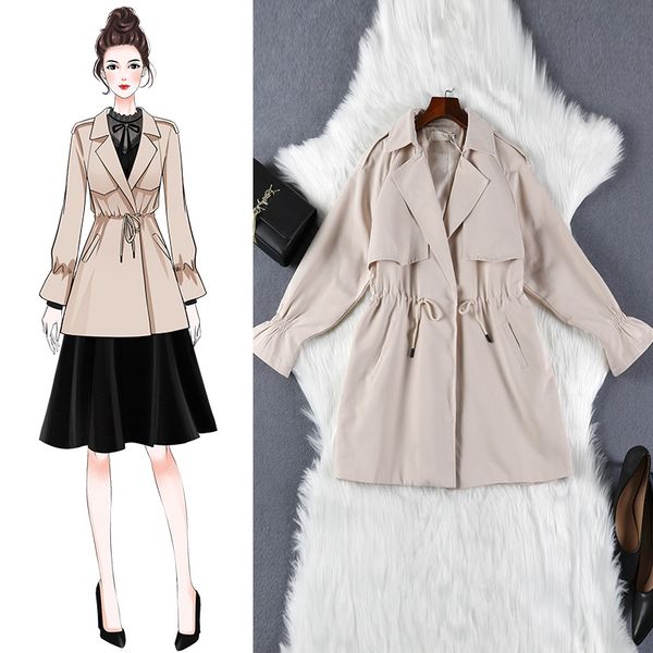 

women's jacket 2019 large size 5xl loose casual windbreaker long drawstring khaki goddess windbreaker spring autumn ladies coat, Tan;black