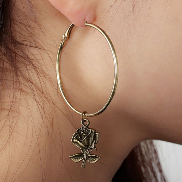 

sexemara fashion vintage jewelry flower earrings circle round rose pendant hoop earrings for women jewelry accessories, Golden;silver