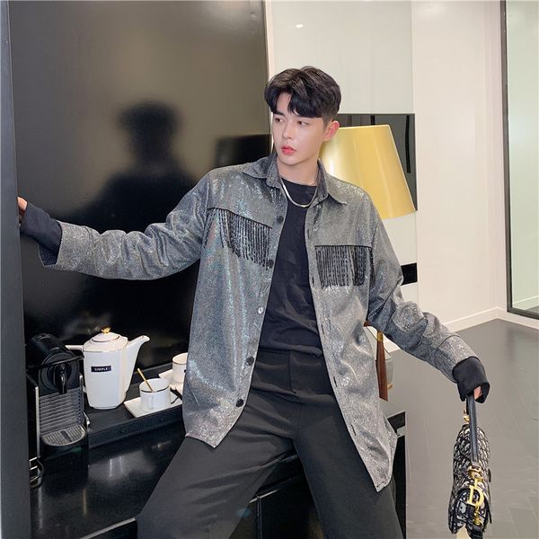 

2019spring and autumn ins super fire new patch handmade metal tassel nightclub shine personality shirt male silver / black -2xl, White;black