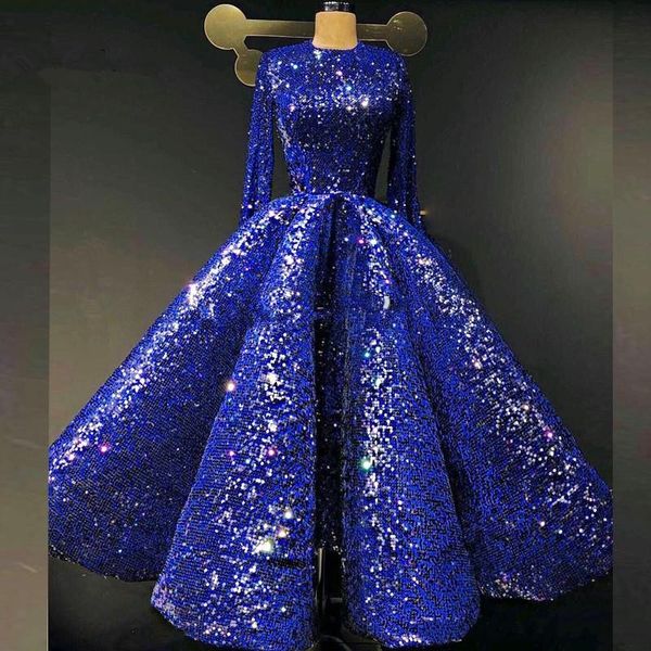 Königsblaue Pailletten-Abschlussballkleider mit Juwelen und langen Ärmeln, Tee-Länge, glitzernd, islamisches Saudi-Arabisches Abendkleid, Robe de Soiree, günstige Partykleider