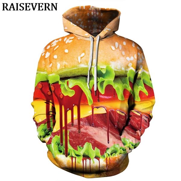 

2019 men's 3d hamburger print long sleeve hoodies casual loose halloween pullover sweatshirt autumn winter hooded, Black