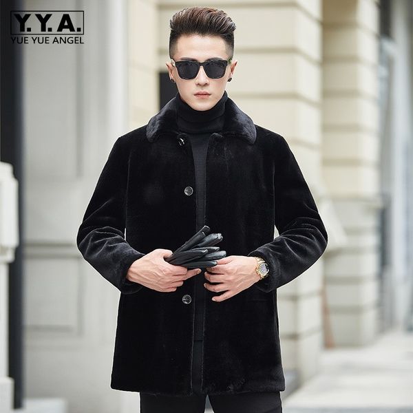 

fashion slim fit wool jacket winter luxury turn-down collar single breasted business sheep fur coat men plus size 3xl, Black