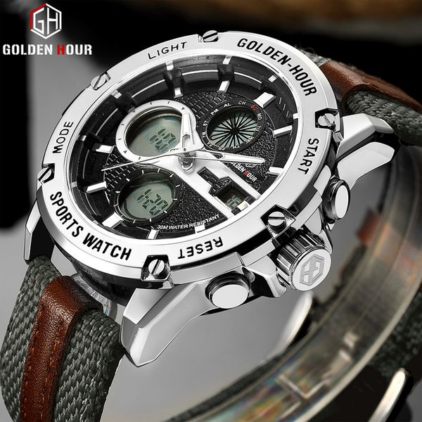 

goldenhour brand men sports watches mens led analog digital watch male army nylon strap quartz male clock for men, Slivery;brown