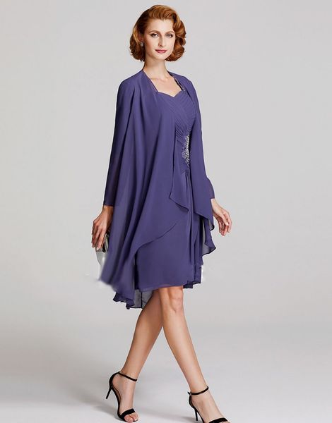

purple knee length mother of the bride dresses with jacket lace appliqued groom mothers dress chiffon beach wedding guest formal gowns, Black;red