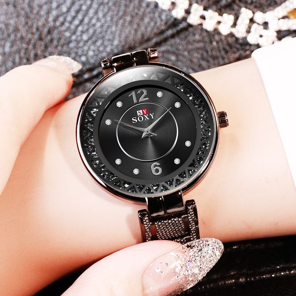 

luxurious and elegant watch women hollow gold-plated dial alloy strap ladies wristwatch quartz saat zegarek reloj mujer watches, Slivery;brown