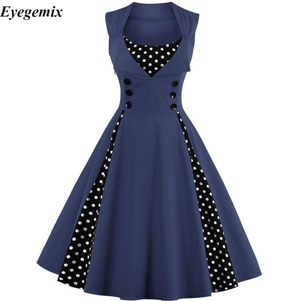 

Plus Size 4XL Vintage Retro Women Dress 50S 60S Sleeveless Polka Dot Party Vestido Elegant Patchwork Red A Line Dress Casual