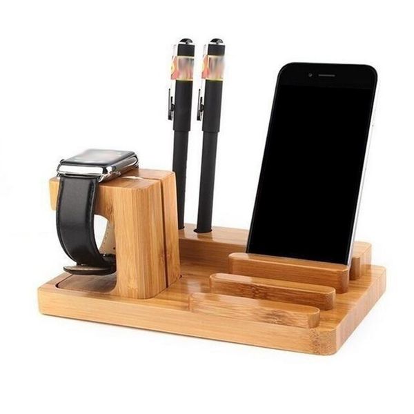 

4 usb ports bamboo charging station phone holder wood organizer tablets watch stand charger