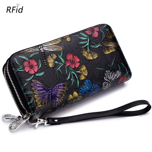 

2020 selling european and american fashion double zip large capacity wallet women's long leather multi card holder rose coin purse, Red;black