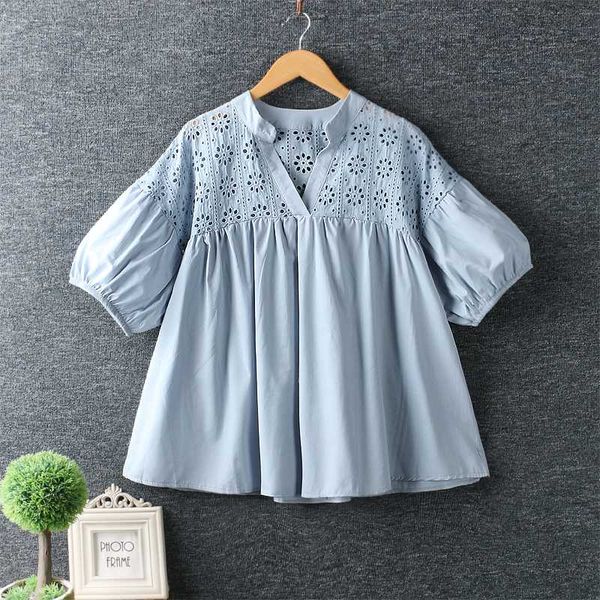 

2020 new summer japanese hollow embroidery pullover cotton female shirt, White