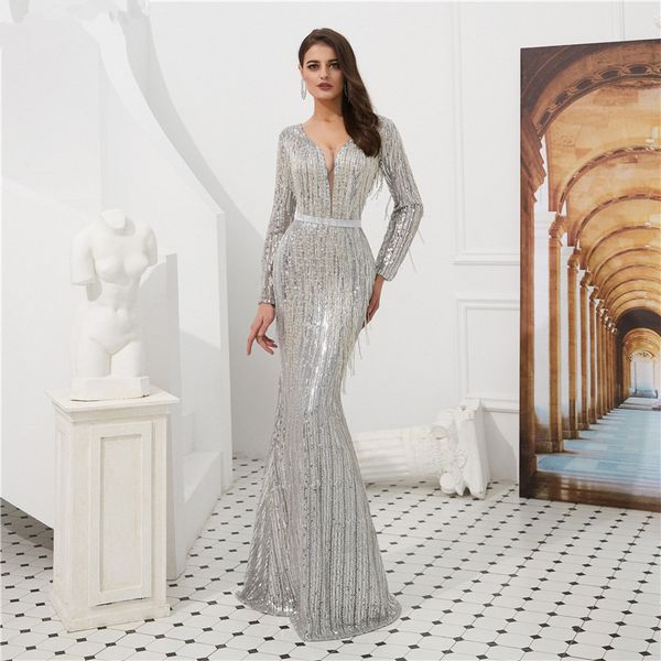 

backlakegirls sequined v neck full sleeves mermaid evening dresses floor length with tassel vestidos elegantes 2019, White;black